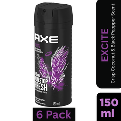 AXE Excite Deodorant Body Spray for Men – Crisp Coconut & Black Pepper scent – 150ml can, 48-hour freshness & odor protection, pack of 6