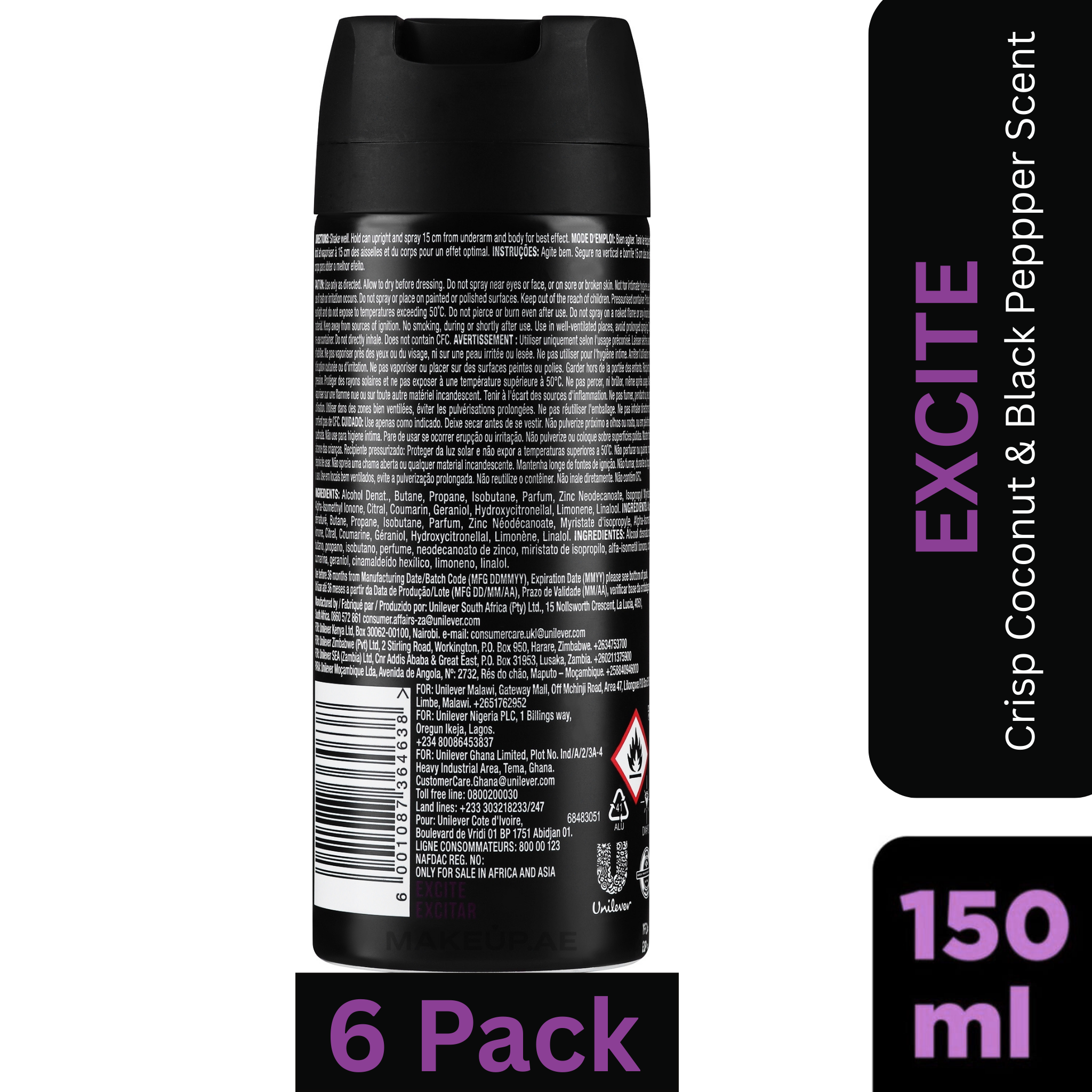 AXE Excite Deodorant Body Spray for Men – Crisp Coconut & Black Pepper scent – 150ml can, 48-hour freshness & odor protection, pack of 6