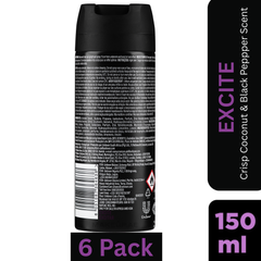 AXE Excite Deodorant Body Spray for Men – Crisp Coconut & Black Pepper scent – 150ml can, 48-hour freshness & odor protection, pack of 6
