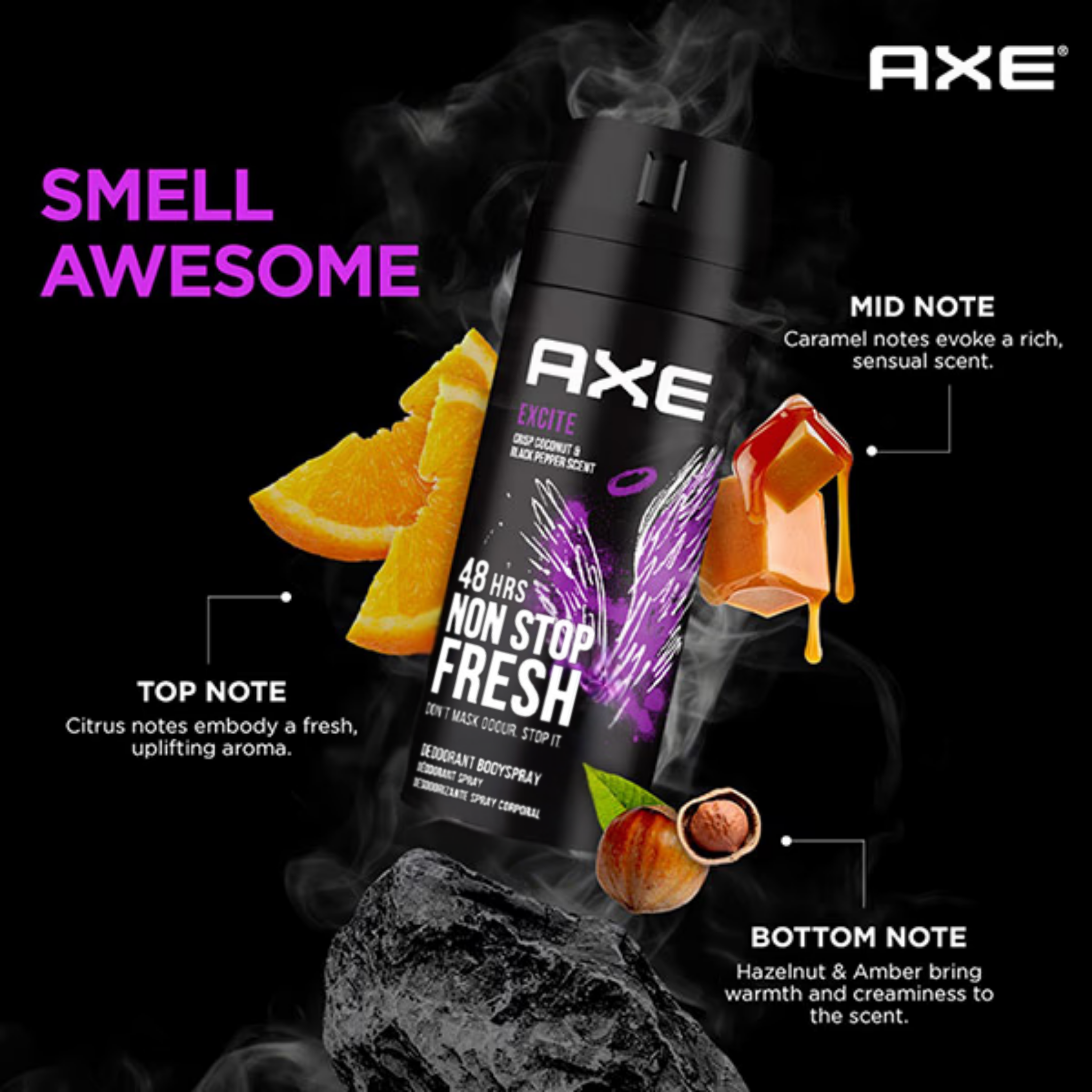 AXE Excite Deodorant Body Spray for Men – Crisp Coconut & Black Pepper scent – 150ml can, 48-hour freshness & odor protection, pack of 6