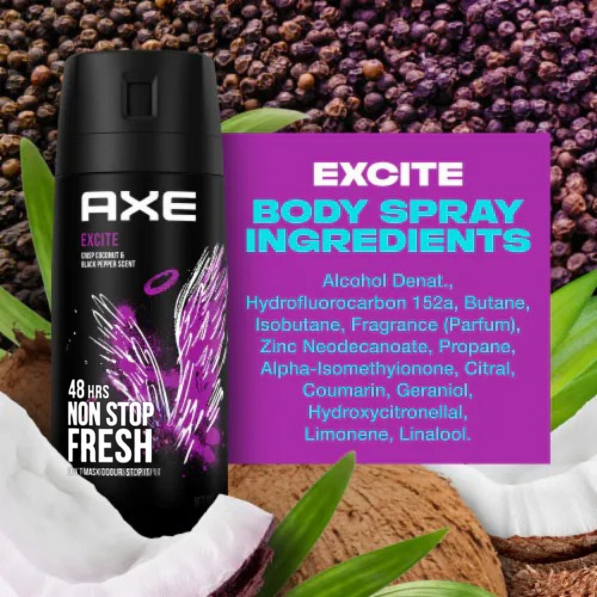 AXE Excite Deodorant Body Spray for Men – Crisp Coconut & Black Pepper scent – 150ml can, 48-hour freshness & odor protection, pack of 6