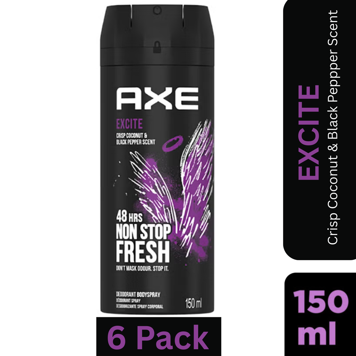 AXE Excite Deodorant Body Spray for Men – Crisp Coconut & Black Pepper scent – 150ml can, 48-hour freshness & odor protection, pack of 6