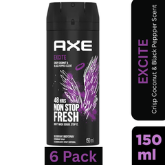 AXE Excite Deodorant Body Spray for Men – Crisp Coconut & Black Pepper scent – 150ml can, 48-hour freshness & odor protection, pack of 6