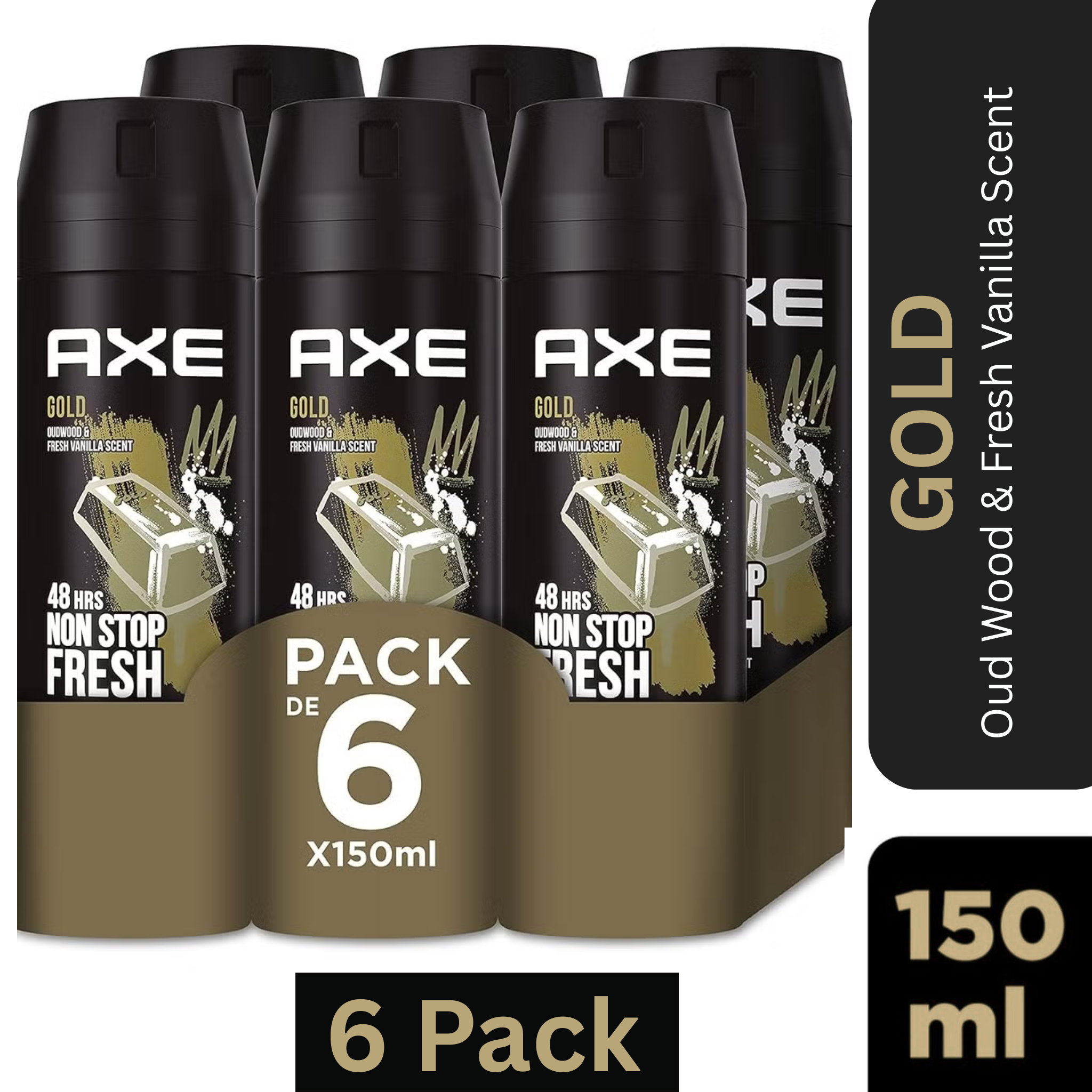 AXE GOLD Deodorant Body Spray for Men – Oud Wood & Vanilla scent – Pack of 6, 150ml per can