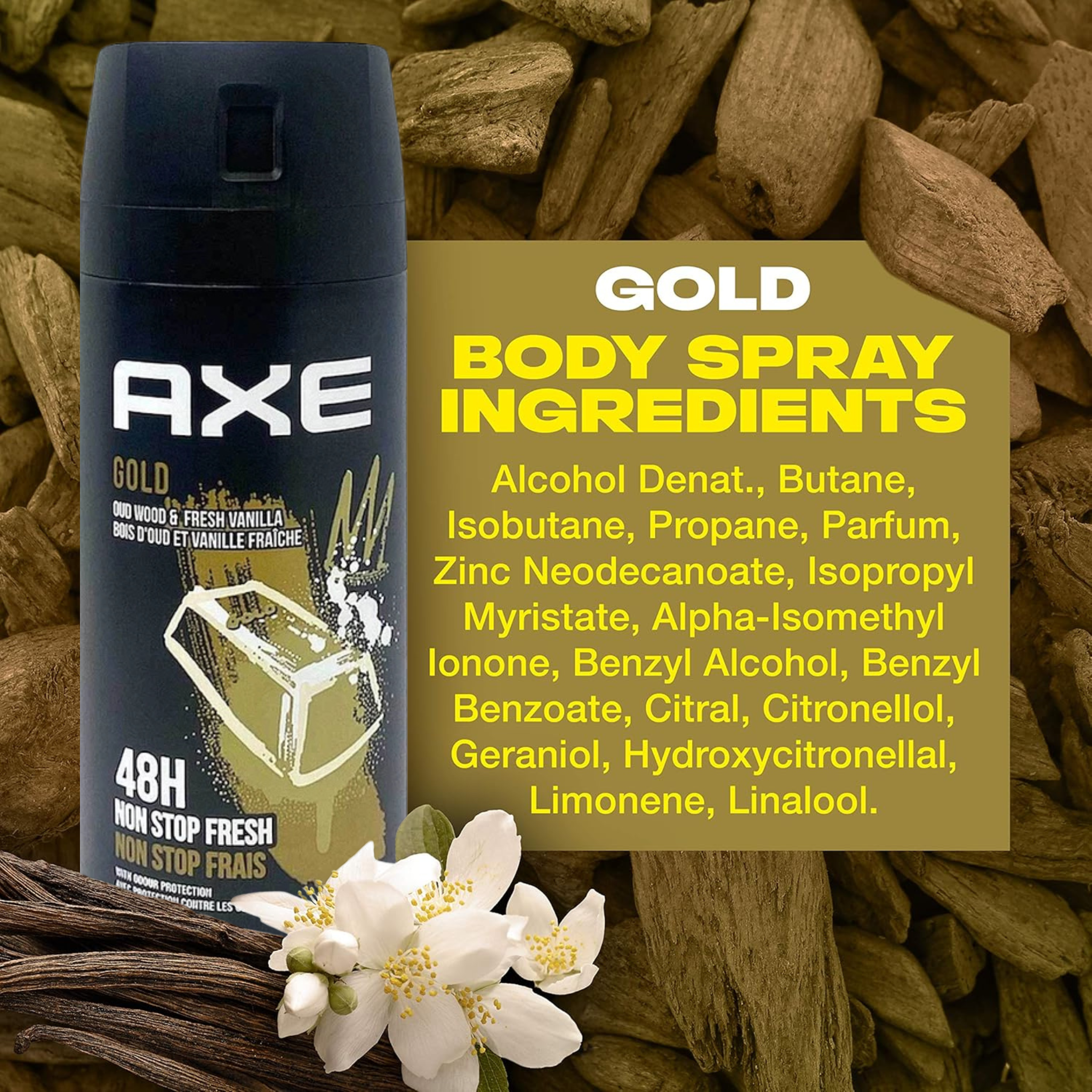 AXE GOLD Deodorant Body Spray for Men – Oud Wood & Vanilla scent – Pack of 6, 150ml per can