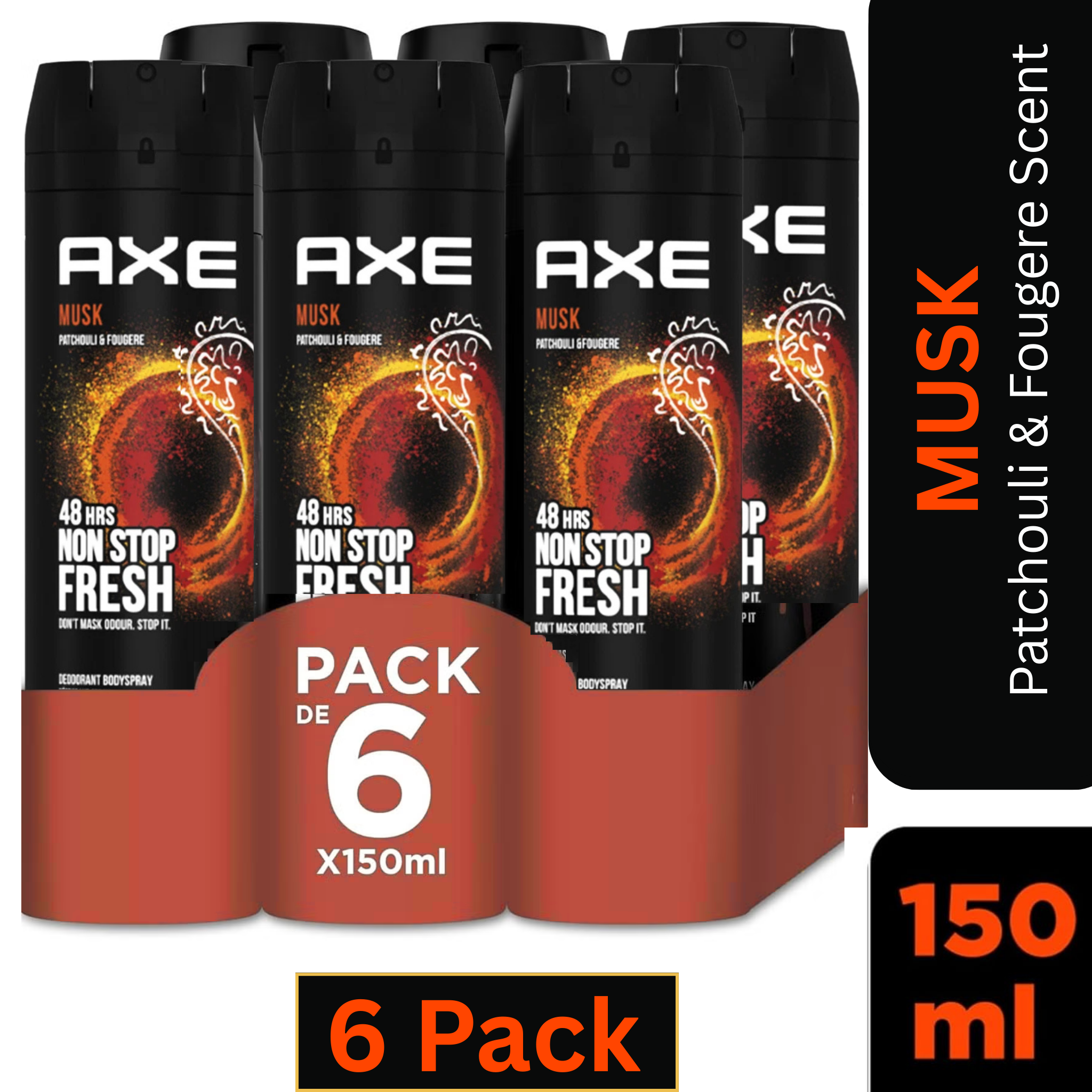 AXE Musk Deodorant Body Spray for Men 150ml Can – Pack of 6 – Patchouli & Fougere Scent