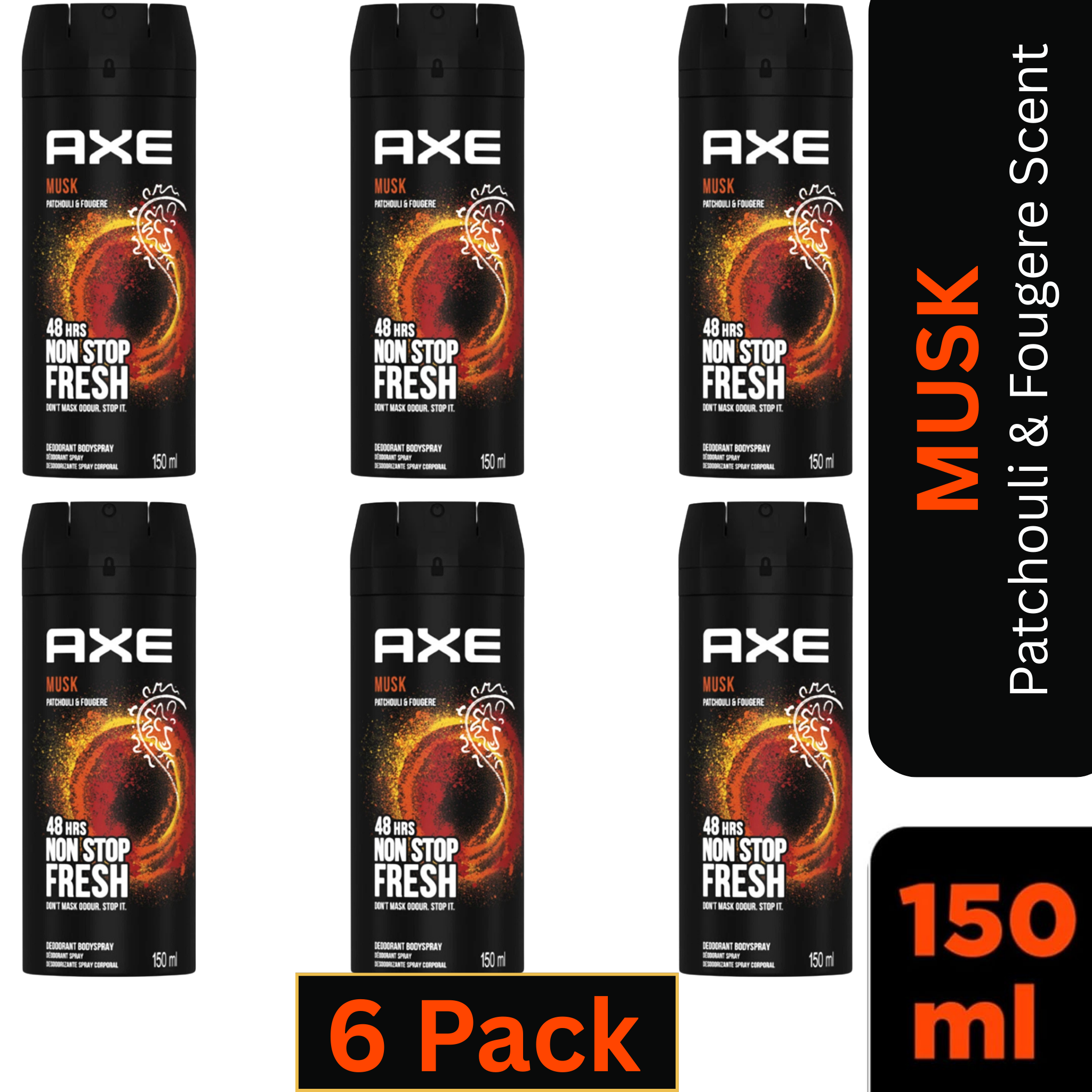 AXE Musk Deodorant Body Spray for Men 150ml Can – Pack of 6 – Patchouli & Fougere Scent