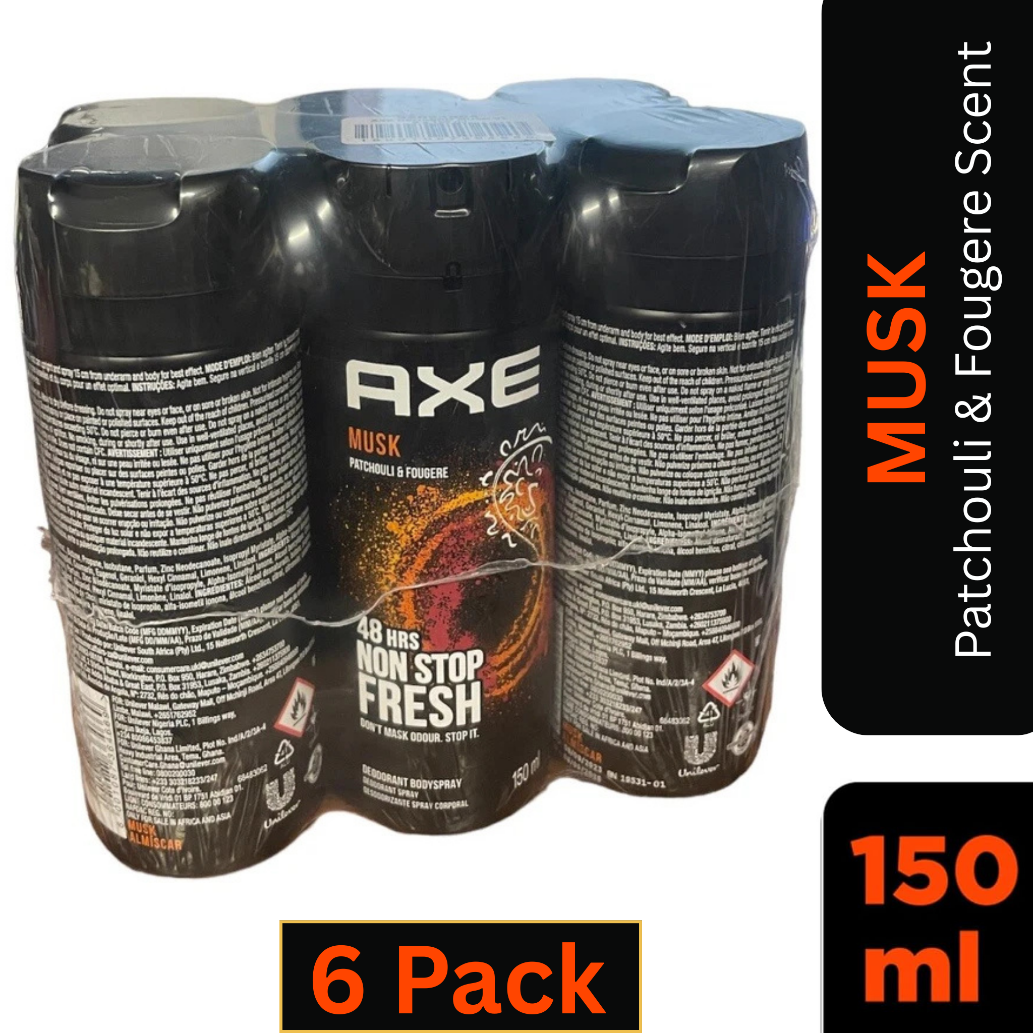 AXE Musk Deodorant Body Spray for Men 150ml Can – Pack of 6 – Patchouli & Fougere Scent