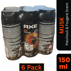 AXE Musk Deodorant Body Spray for Men 150ml Can – Pack of 6 – Patchouli & Fougere Scent