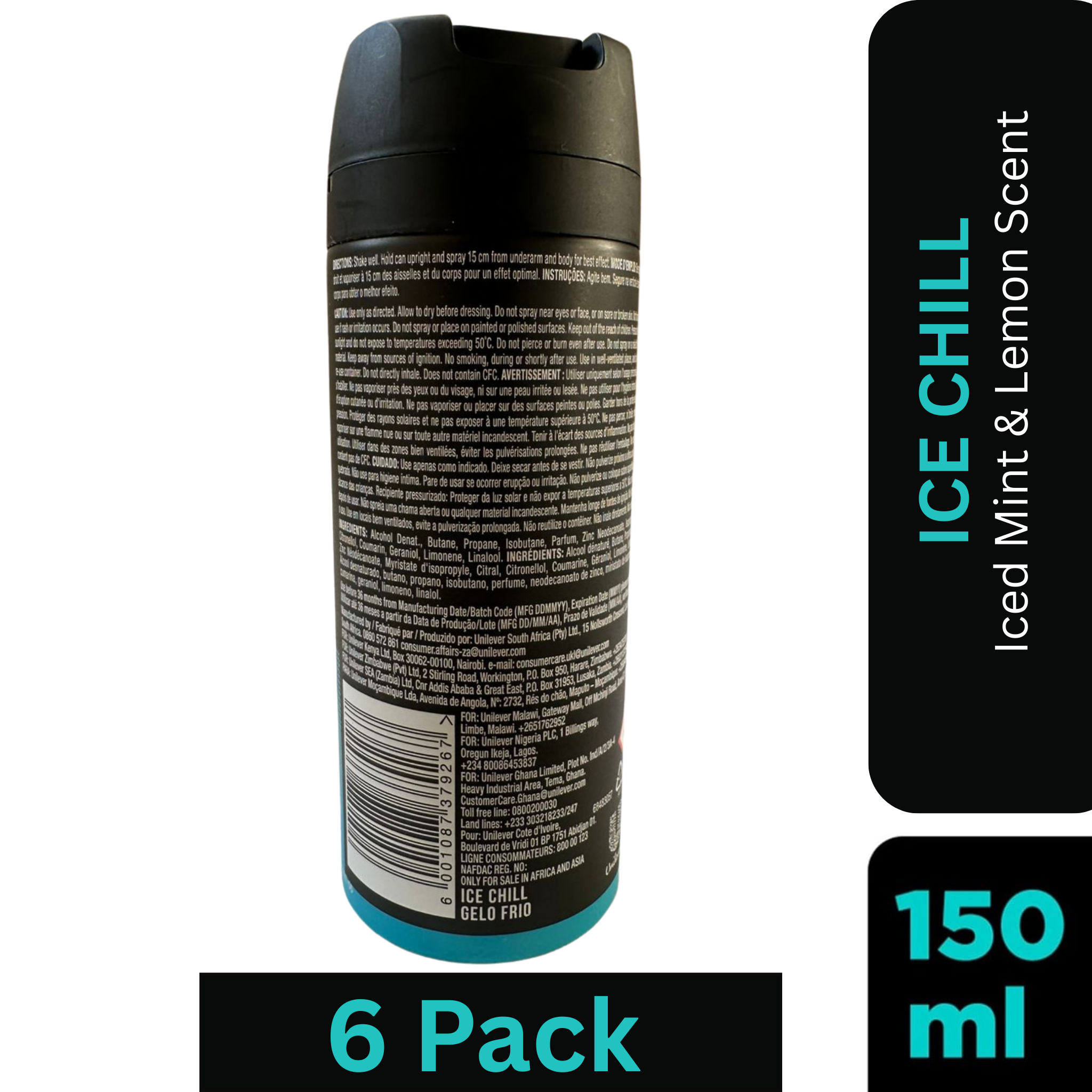 AXE Ice Chill Deodorant Body Spray for Men – 150ml Can Pack of 6