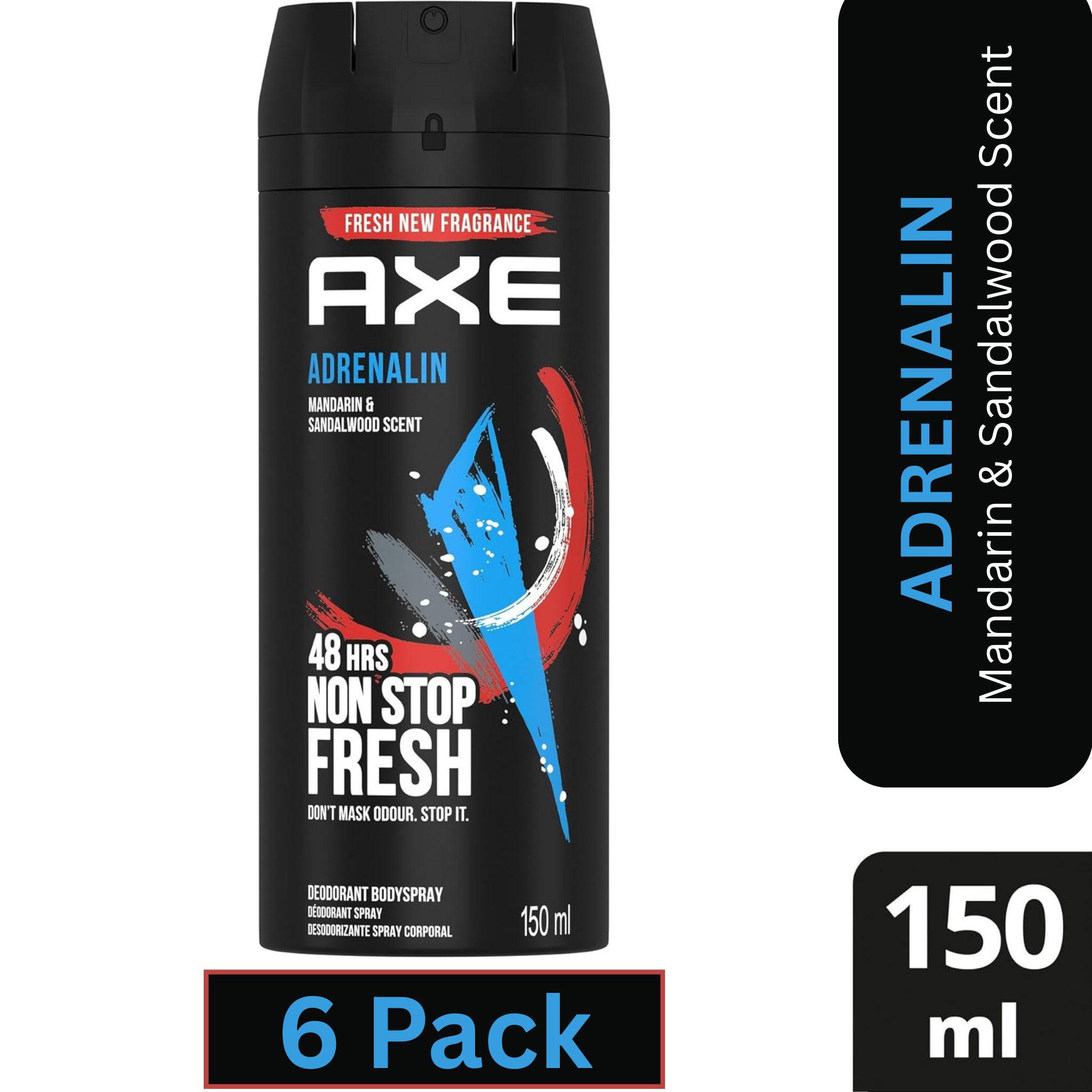 AXE Adrenalin Deodorant Body Spray for Men – Mandarin & Sandalwood – 150ml Can (Pack of 6)