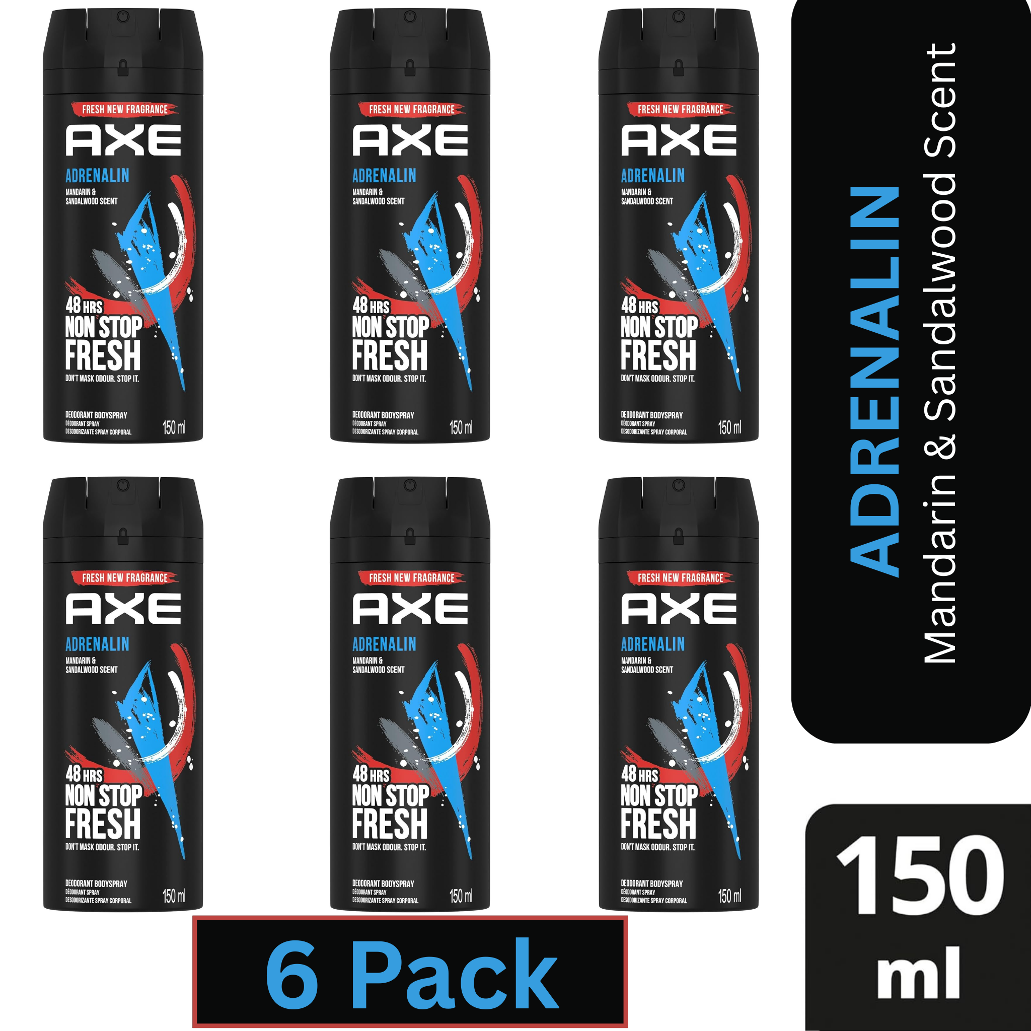 AXE Adrenalin Deodorant Body Spray for Men – Mandarin & Sandalwood – 150ml Can (Pack of 6)