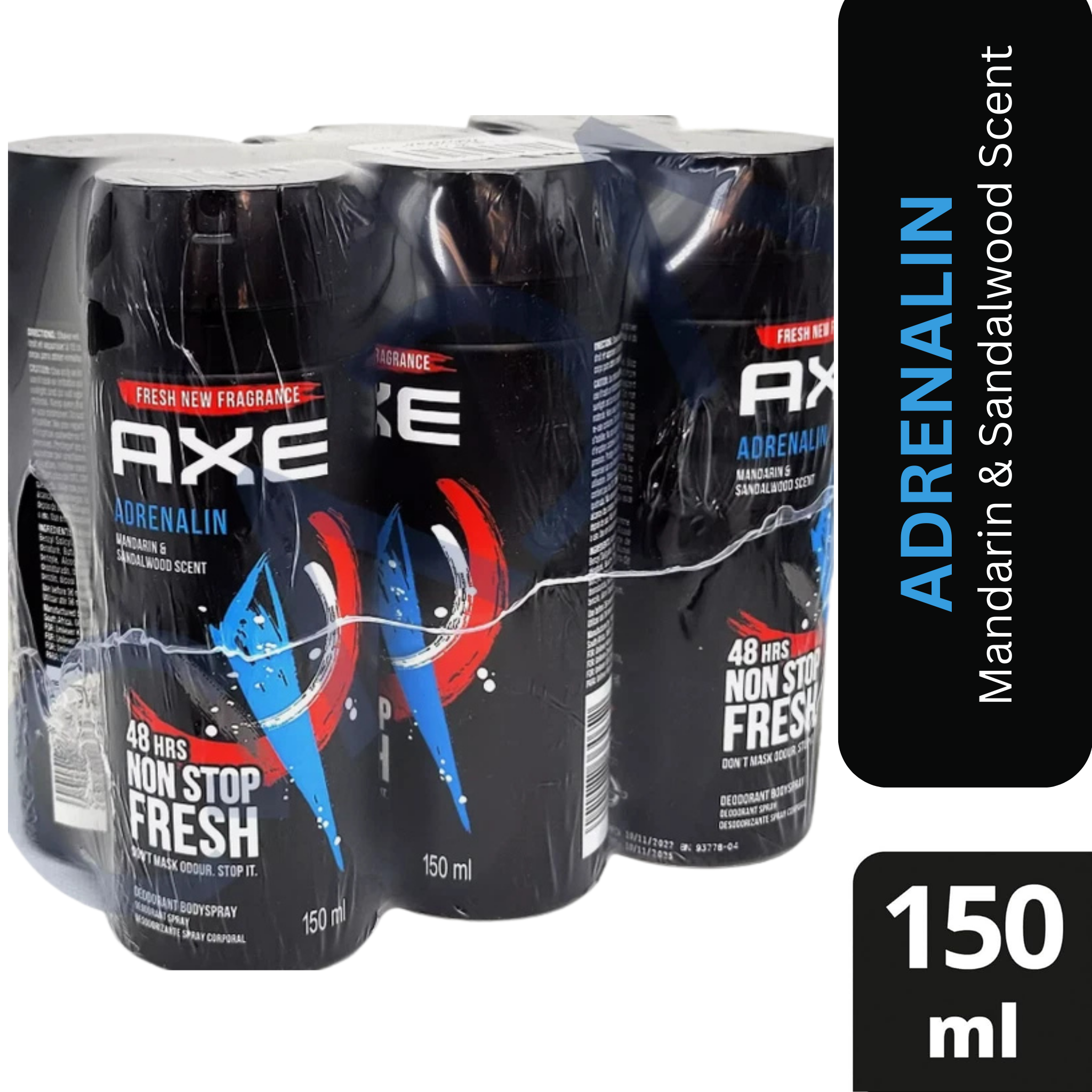 AXE Adrenalin Deodorant Body Spray for Men – Mandarin & Sandalwood – 150ml Can (Pack of 6)