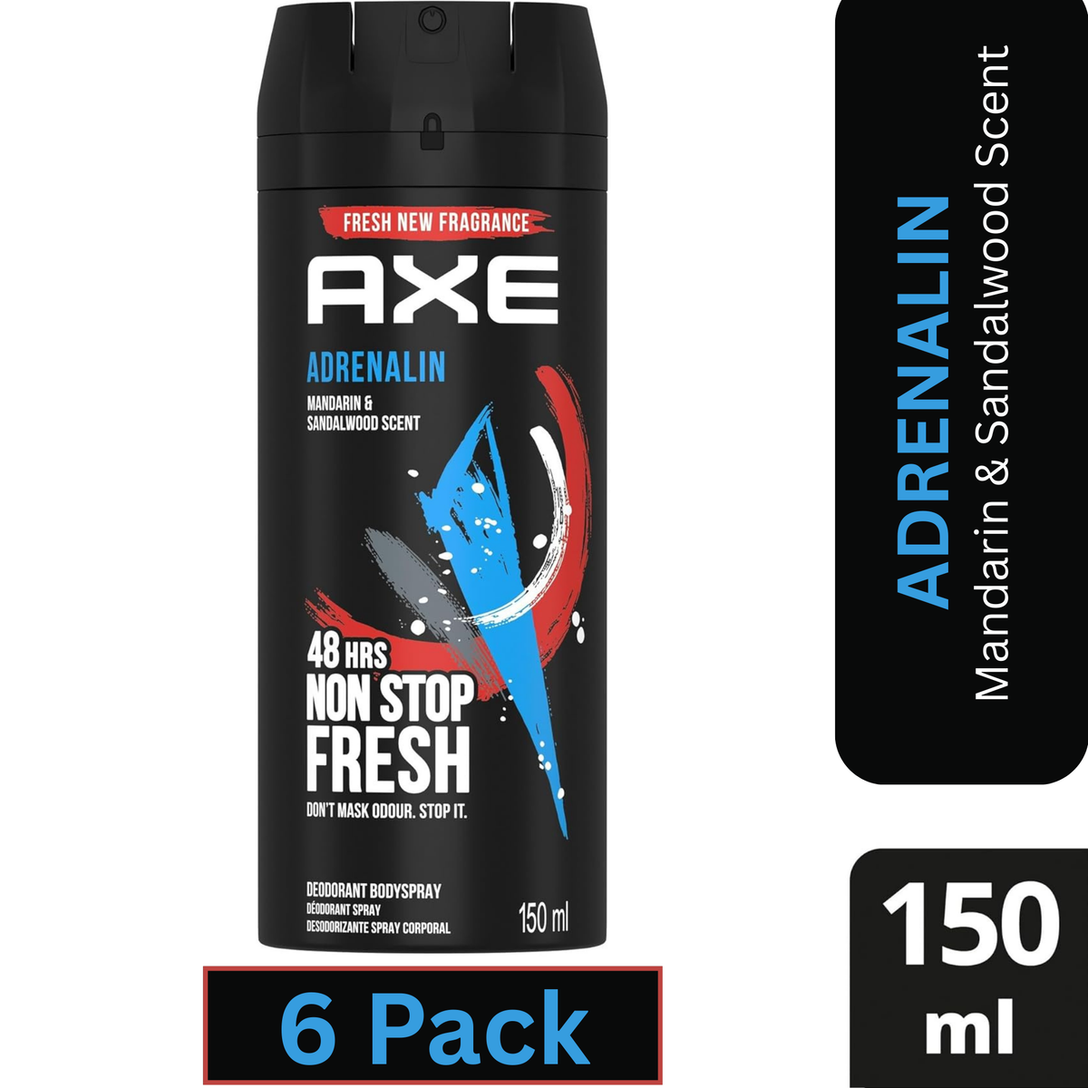 AXE Adrenalin Deodorant Body Spray for Men – Mandarin & Sandalwood – 150ml Can (Pack of 6)