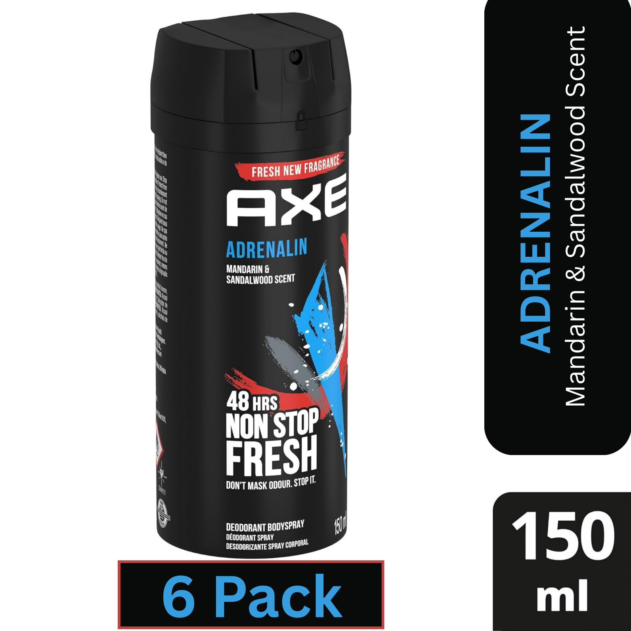 AXE Adrenalin Deodorant Body Spray for Men – Mandarin & Sandalwood – 150ml Can (Pack of 6)