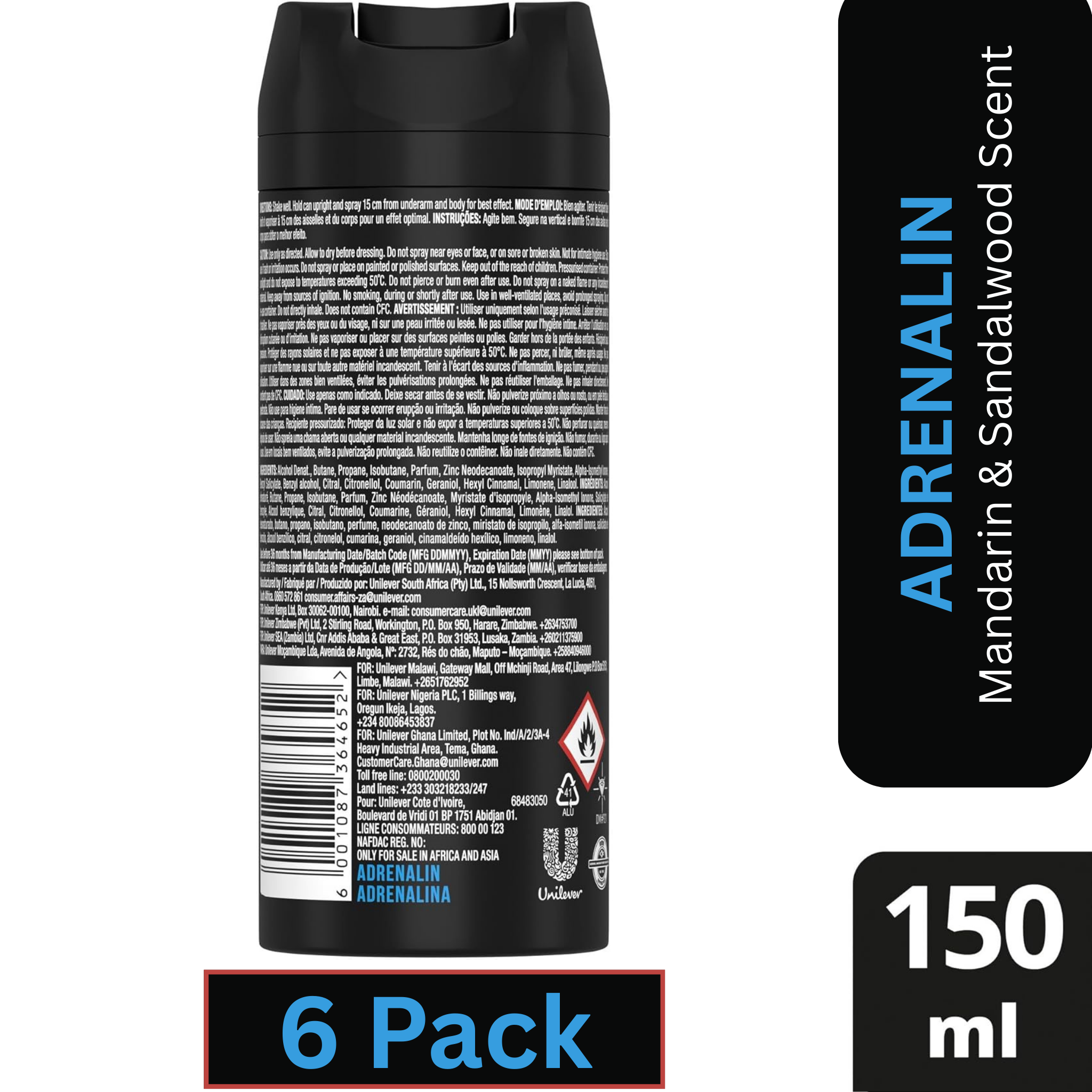 AXE Adrenalin Deodorant Body Spray for Men – Mandarin & Sandalwood – 150ml Can (Pack of 6)