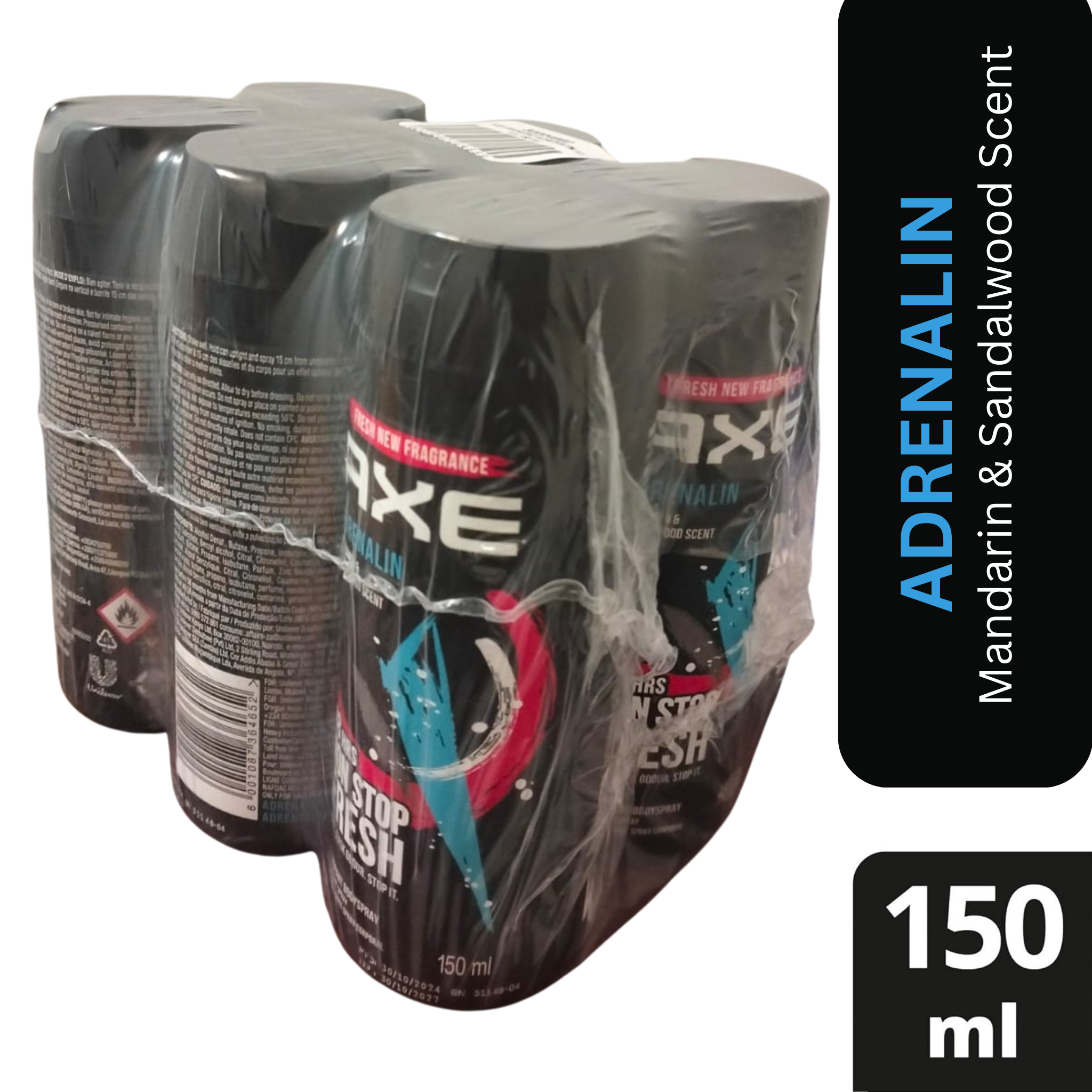AXE Adrenalin Deodorant Body Spray for Men – Mandarin & Sandalwood – 150ml Can (Pack of 6)