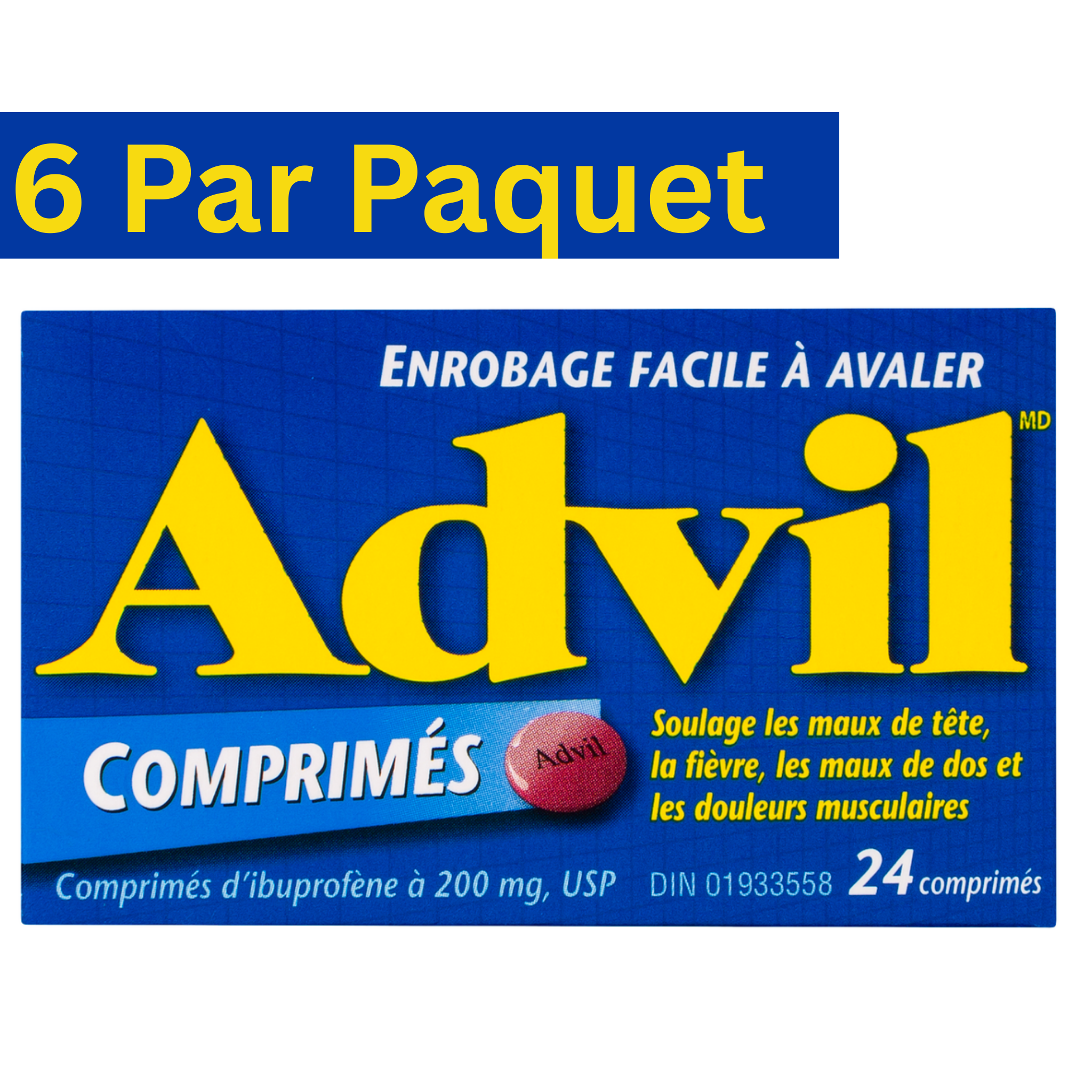 Comprimés d'ibuprofène Advil 200 mg – 24 comprimés (6 comprimés) – Soulagement de la douleur en gros