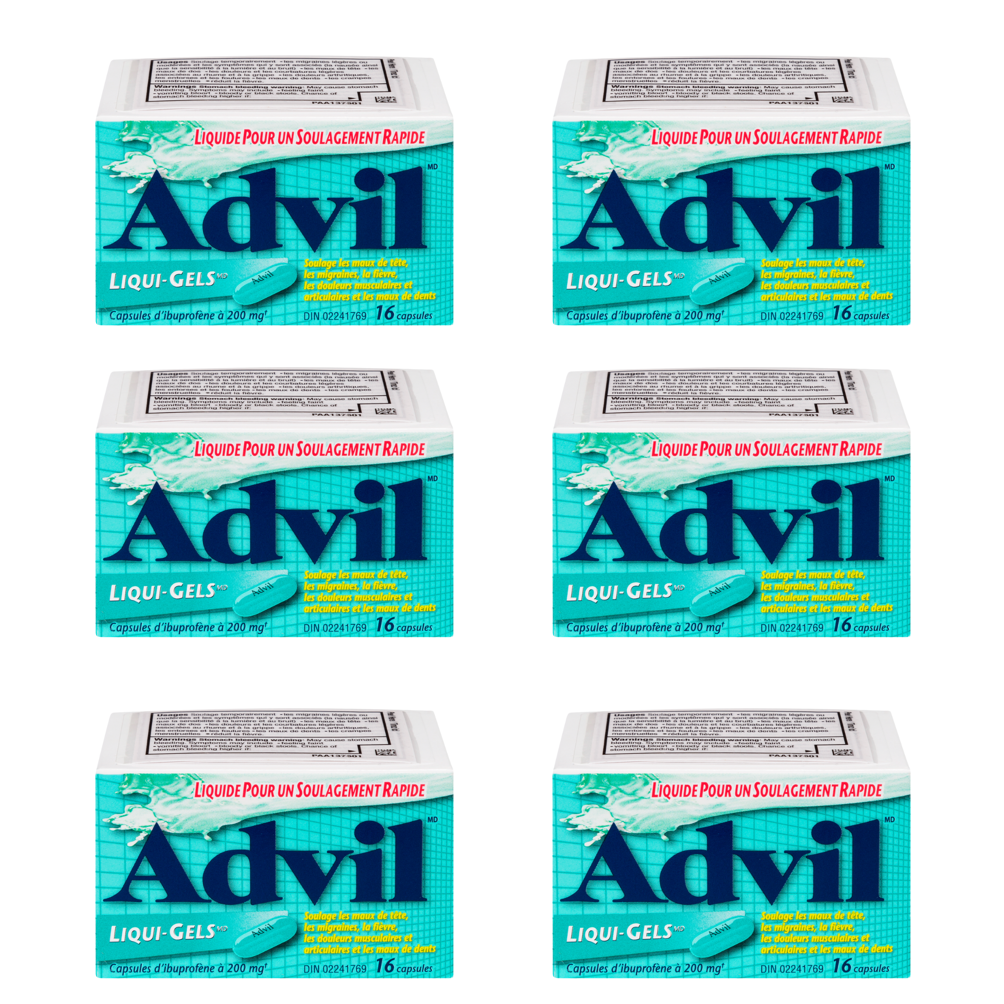 Advil Liqui-Gels 200mg Ibuprofen Capsules – Pack of 6 (16 Capsules Each) – Wholesale Pain Relief