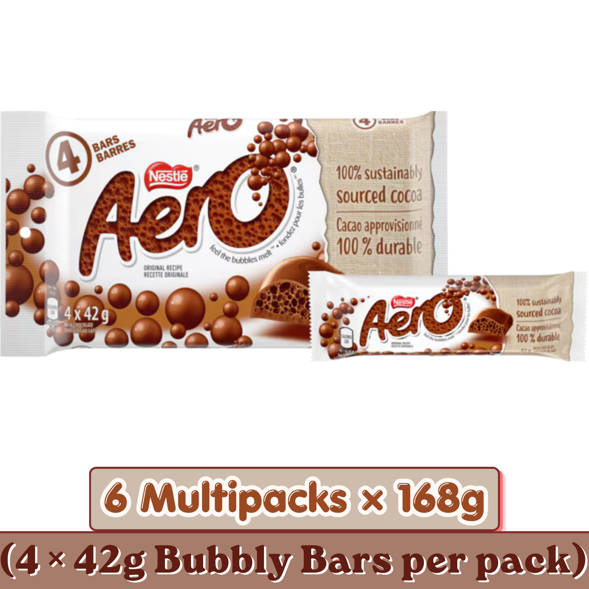 Aero Bubbly Milk Chocolate Bars — Pack of 6 × 168g Multipacks (4 × 42g Bars per pack)