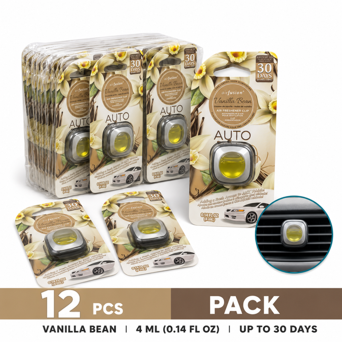 Airfusion Car Vent Clip Air Freshener Vanilla Bean, 4ml, Pack of 12
