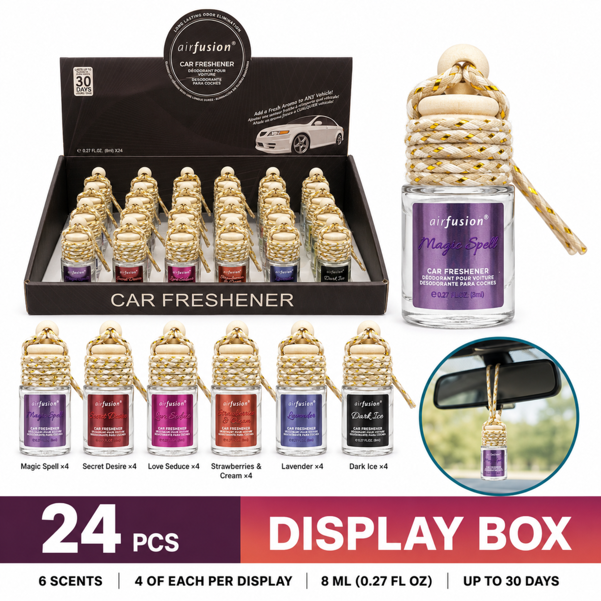 Airfusion Hanging Car Air Freshener, 6 Assorted Scents, 8ml, 24 Piece Display Box