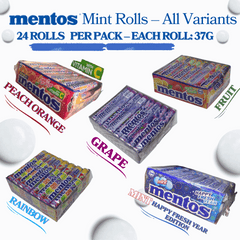 Mentos Chewy Candy Rolls featuring all 5 flavors: Grape, Fruit (Strawberry & Orange), Rainbow, Mint (Happy Fresh Year Edition), and Peach Orange with Vitamin C. Individually wrapped rolls in colorful packaging showing fruity and minty varieties.