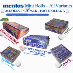 Mentos Chewy Candy Rolls featuring all 5 flavors: Grape, Fruit (Strawberry & Orange), Rainbow, Mint (Happy Fresh Year Edition), and Peach Orange with Vitamin C. Individually wrapped rolls in colorful packaging showing fruity and minty varieties.