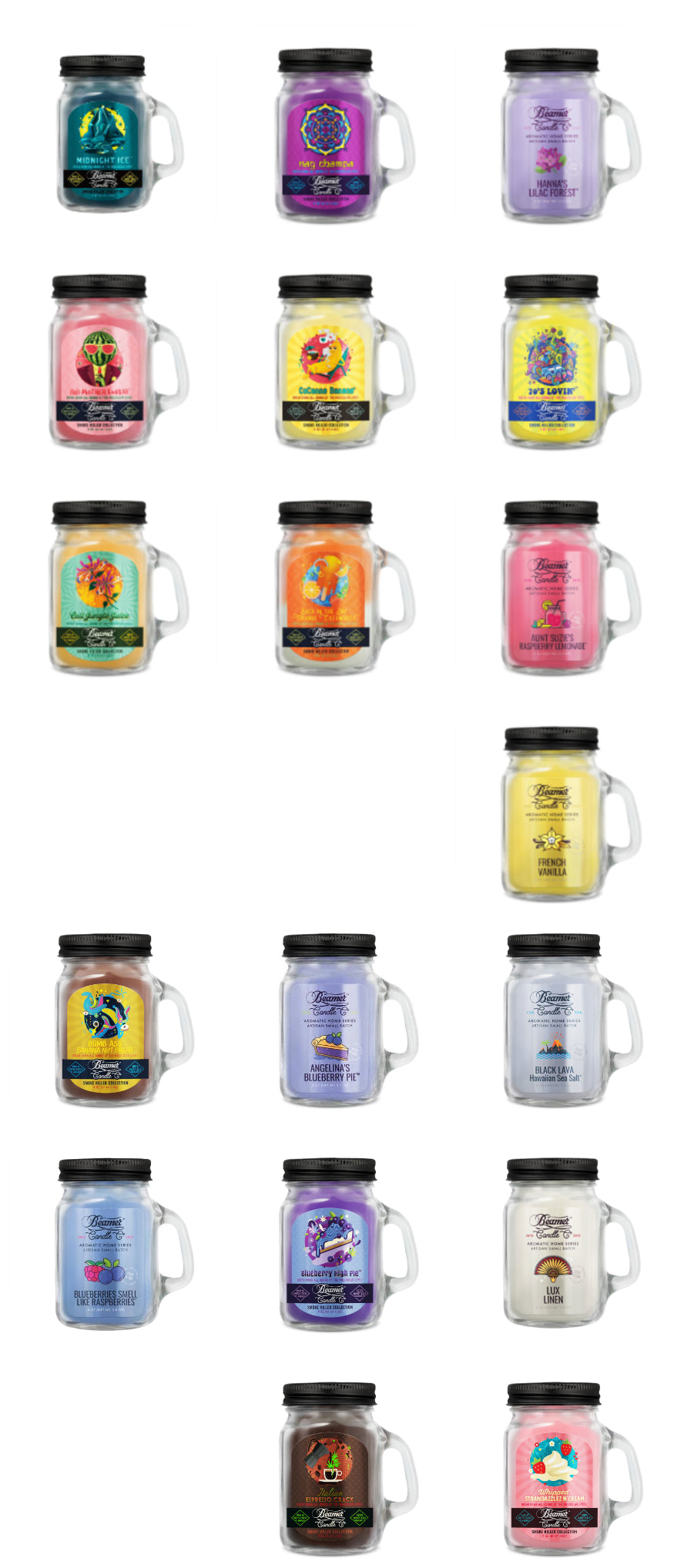 Beamer Smoke Killer Collection – 19 scented candles in reusable mason jars, featuring fragrances like Midnight Ice, Nag Champa, Hanna’s Lilac Forest, Red Mother F**ker, CoCanna Banana, 70’s Lovin’, Cali Jungle Juice, Orange Creamsicle, Raspberry Lemonade, French Vanilla, Banana Nut Bread, Blueberry Pie, Hawaiian Sea Salt, Blueberry Raspberry, Blueberry High Pie, Lux Linen, Italian Espresso, and Whipped Strawdazzle.