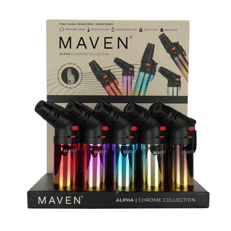 Display of Maven Alpha Chrome Collection torch lighters with packaging in the background.