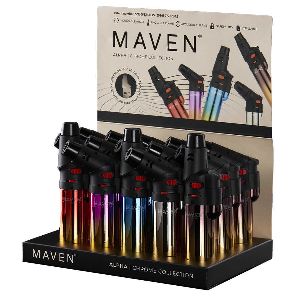 Assorted Chrome Maven Alpha+ Torch Lighters – Rotatable Jet Flame Nozzle, Refillable – 15ct Wholesale Display