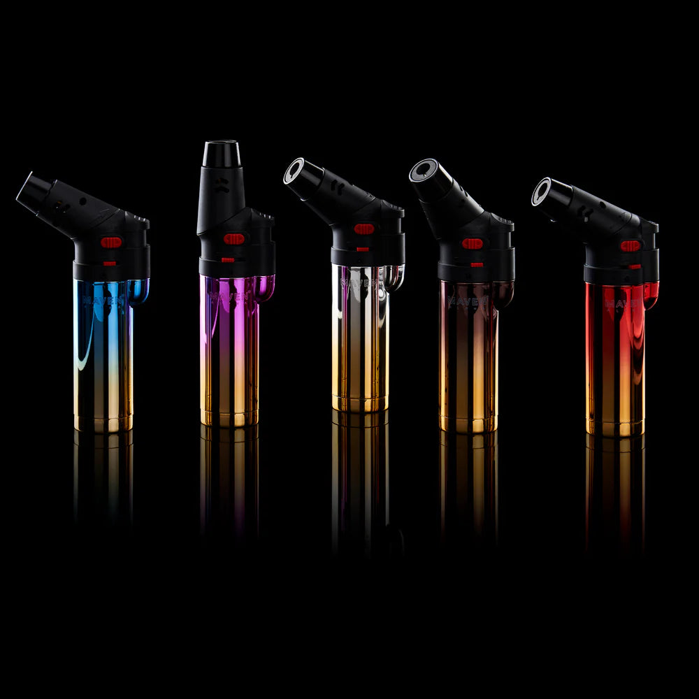 Set of Assorted colorful Chrome Maven Alpha butane torches on a black background 