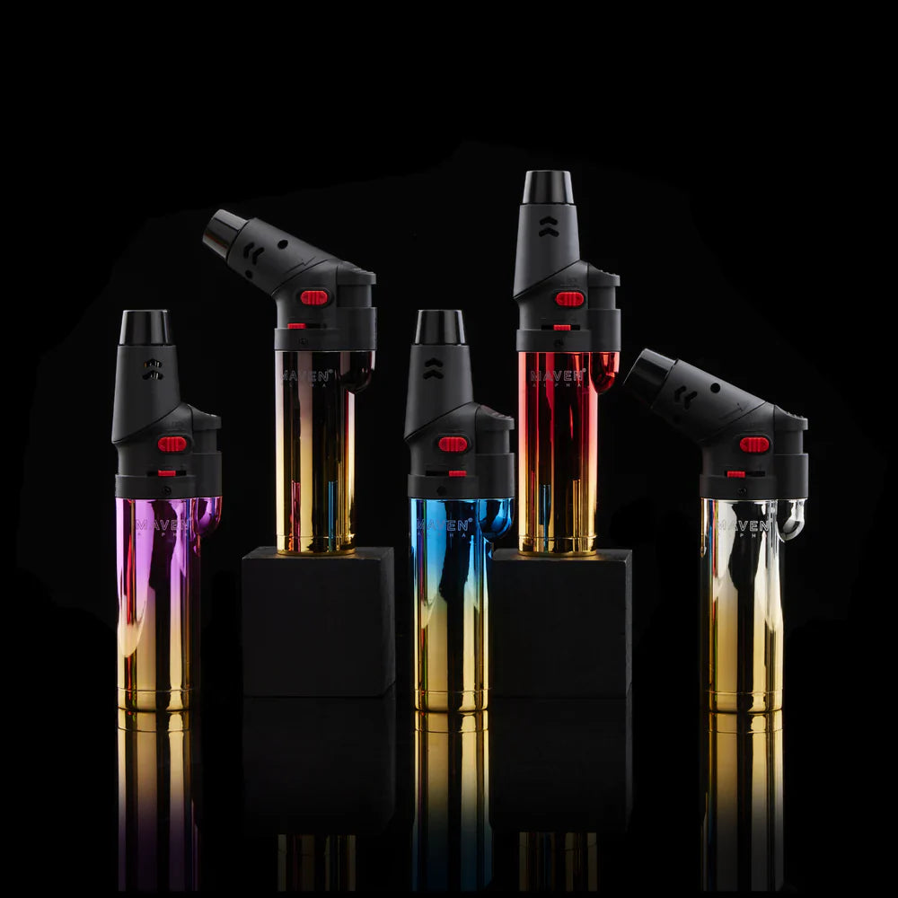 Set of Assorted colorful Chrome Maven Alpha butane torches on a black background 