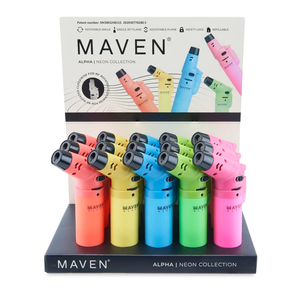 Maven Alpha+ Neon Torch Lighters – 15ct Display – Refillable Jet Flame with Adjustable Rotating Nozzle – Wholesale Neon Butane Torch
