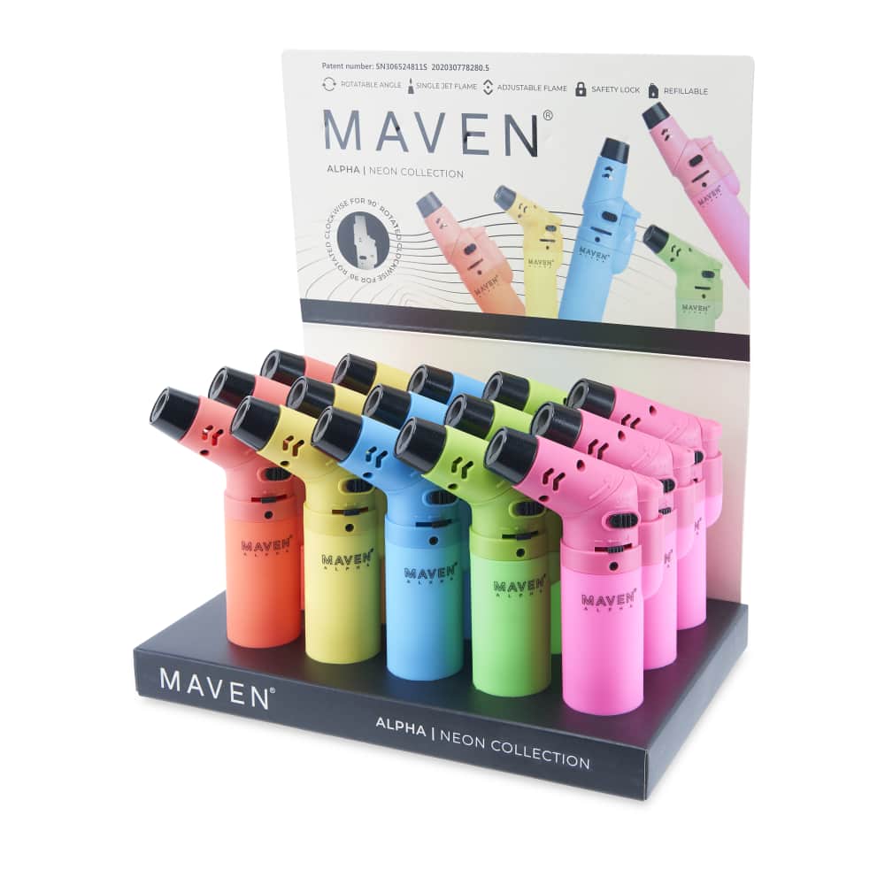 Display of Maven neon lighters with a branded box in the background.