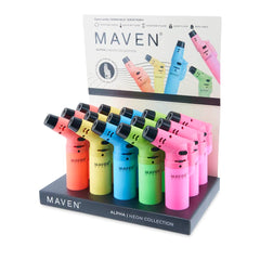 Display of Maven neon lighters with a branded box in the background.