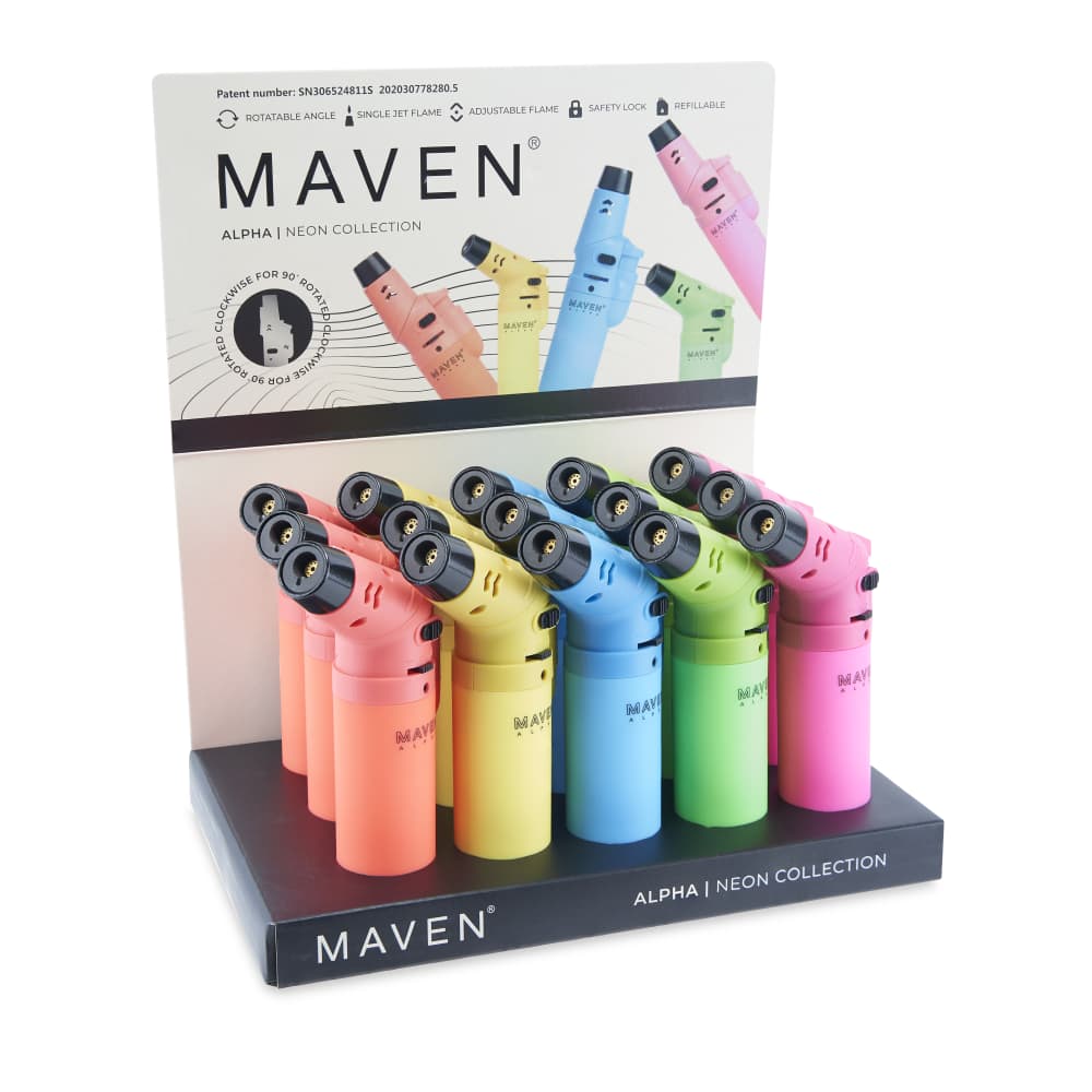 Display of Maven Alpha Neon Collection lighters with packaging in the background.