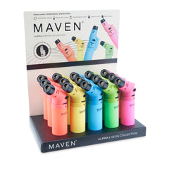 Display of Maven Alpha Neon Collection lighters with packaging in the background.