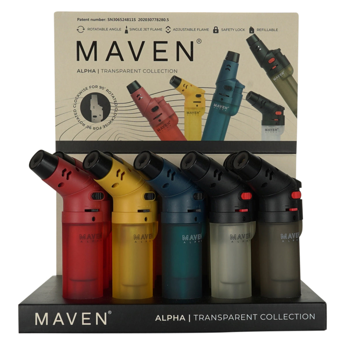 Maven Alpha+ Transparent Torch Lighters – Refillable Jet Flame – 15ct Wholesale Display