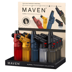 Maven Alpha+ Transparent Torch Lighters – Refillable Jet Flame – 15ct Wholesale Display