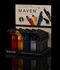 Maven Alpha+ Transparent Torch Lighters – Refillable Jet Flame – 15ct Wholesale Display