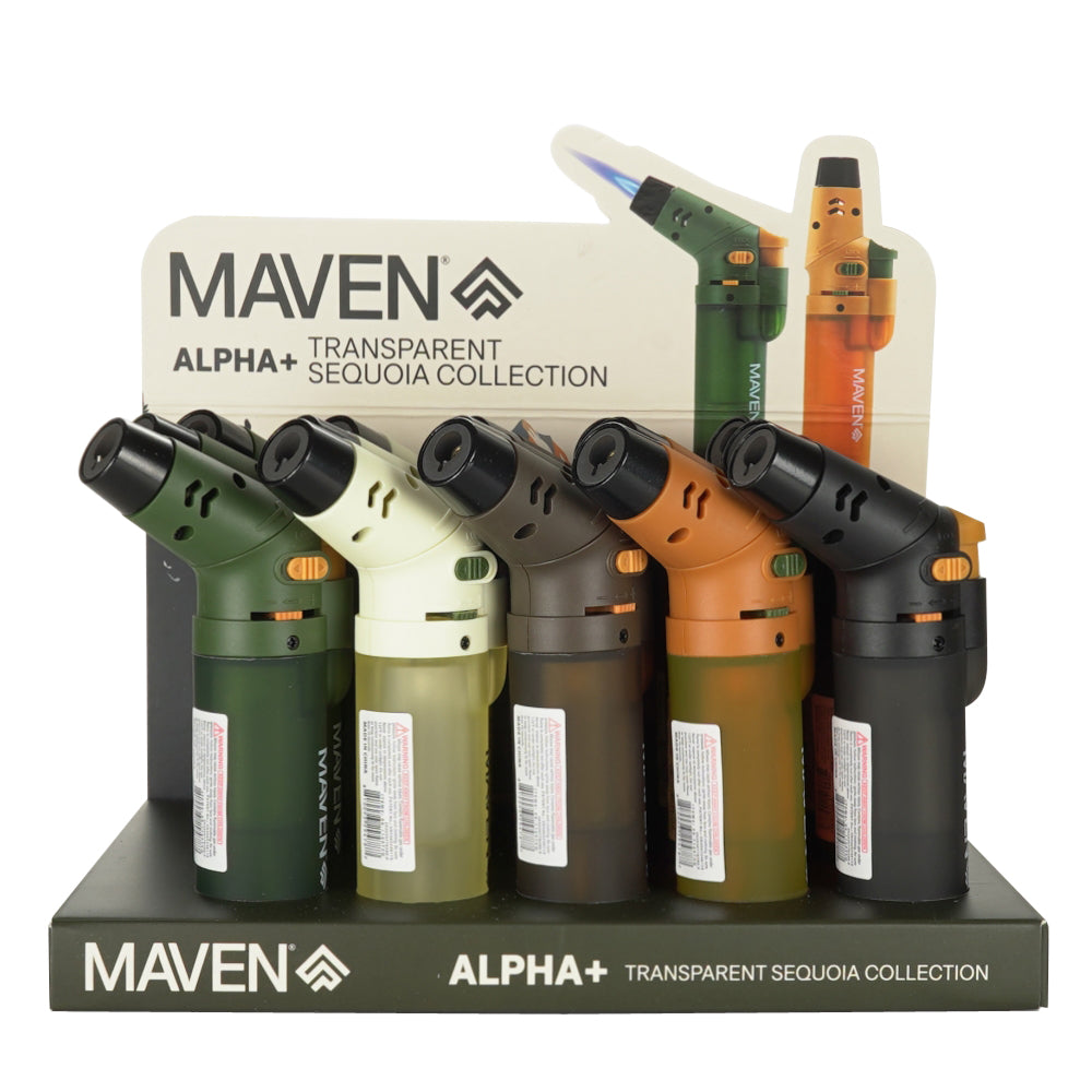Display of Maven Alpha+ transparent sequoia collection butane torches on a white background