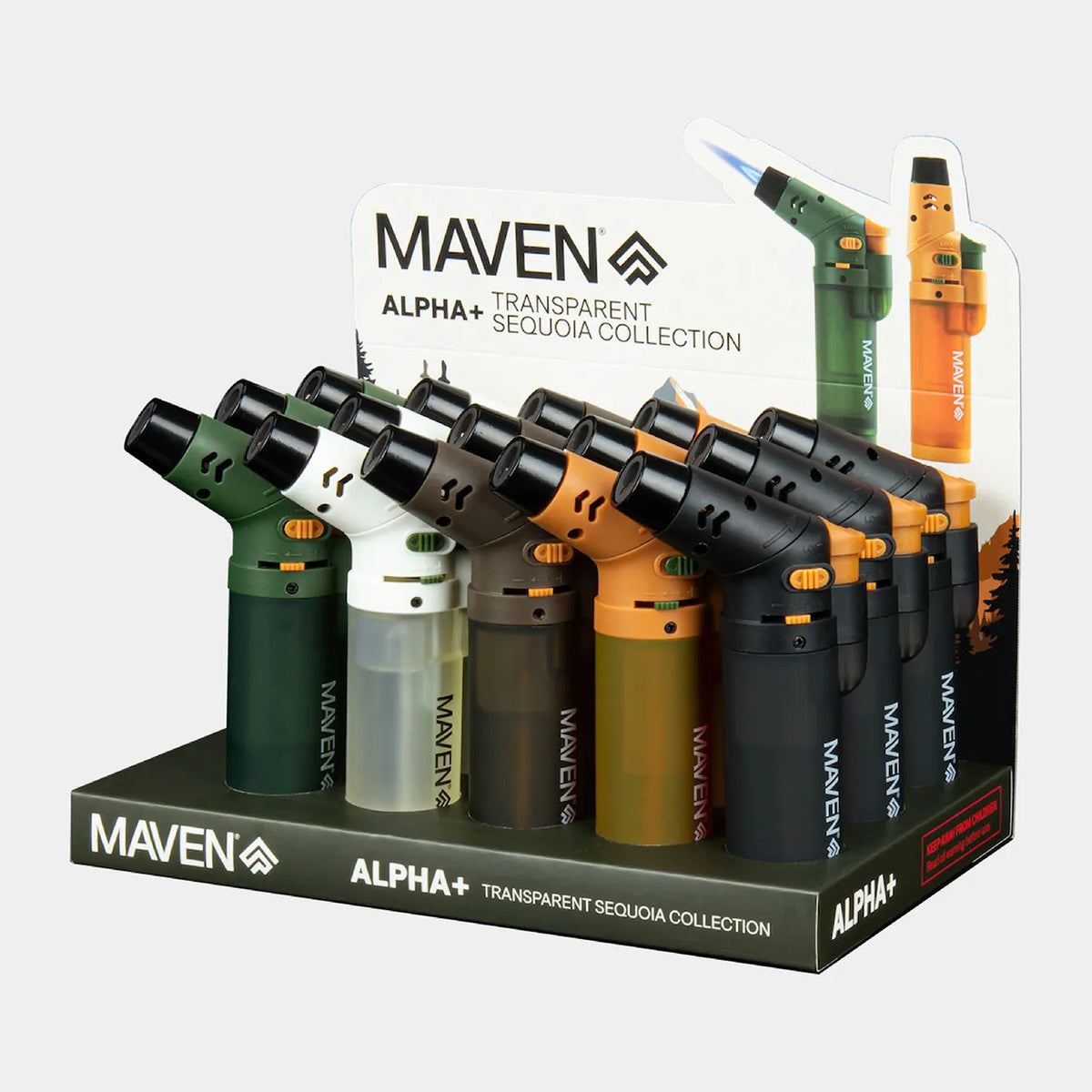 Side View of Maven Alpha Plus Sequoia Transparent Torch – 15ct display box with assorted transparent lighters