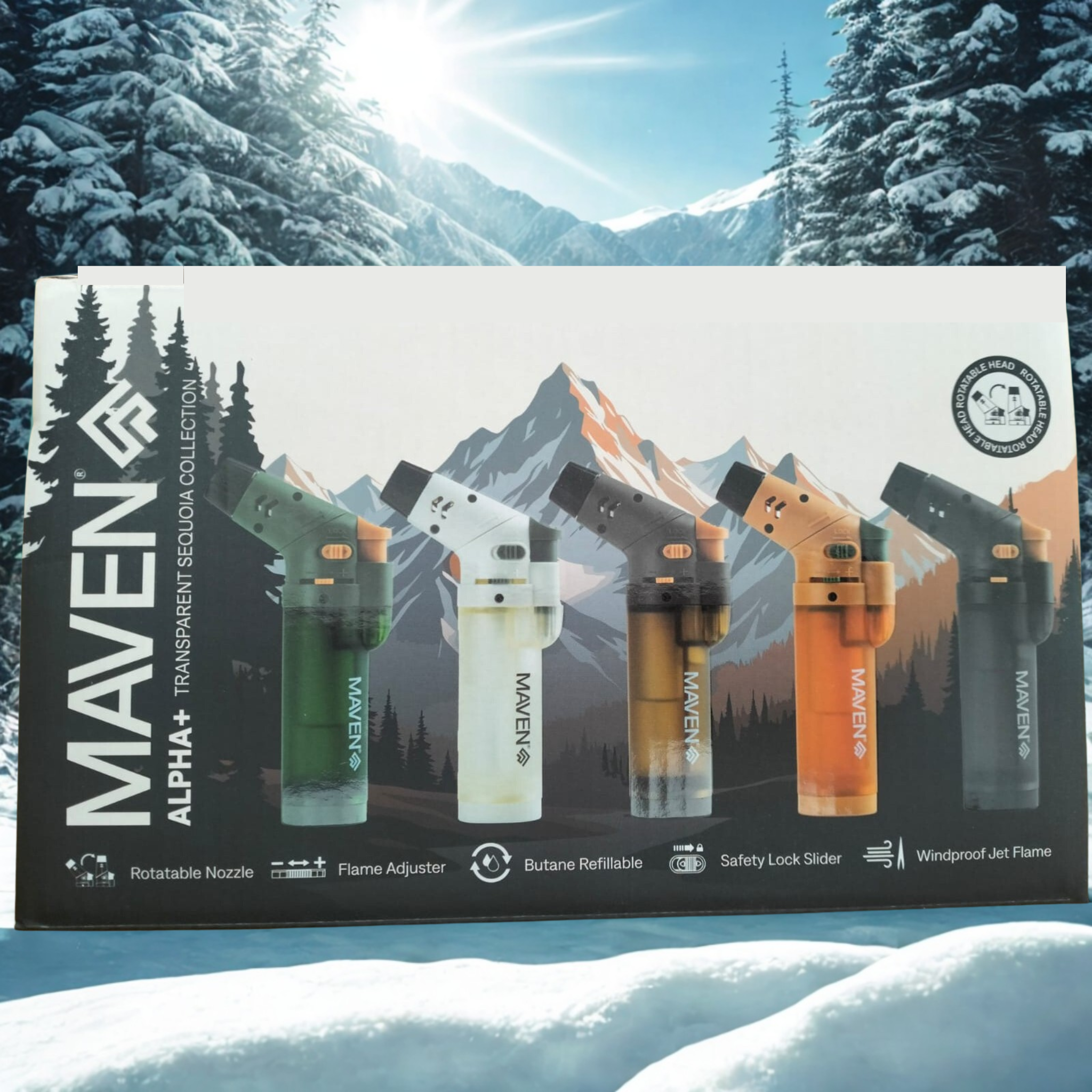 Group of Maven Sequoia Torch lighters in assorted transparent neon color options with mountain and forest background