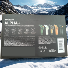 Maven Alpha+ lighter packaging with mountainous landscape in the background