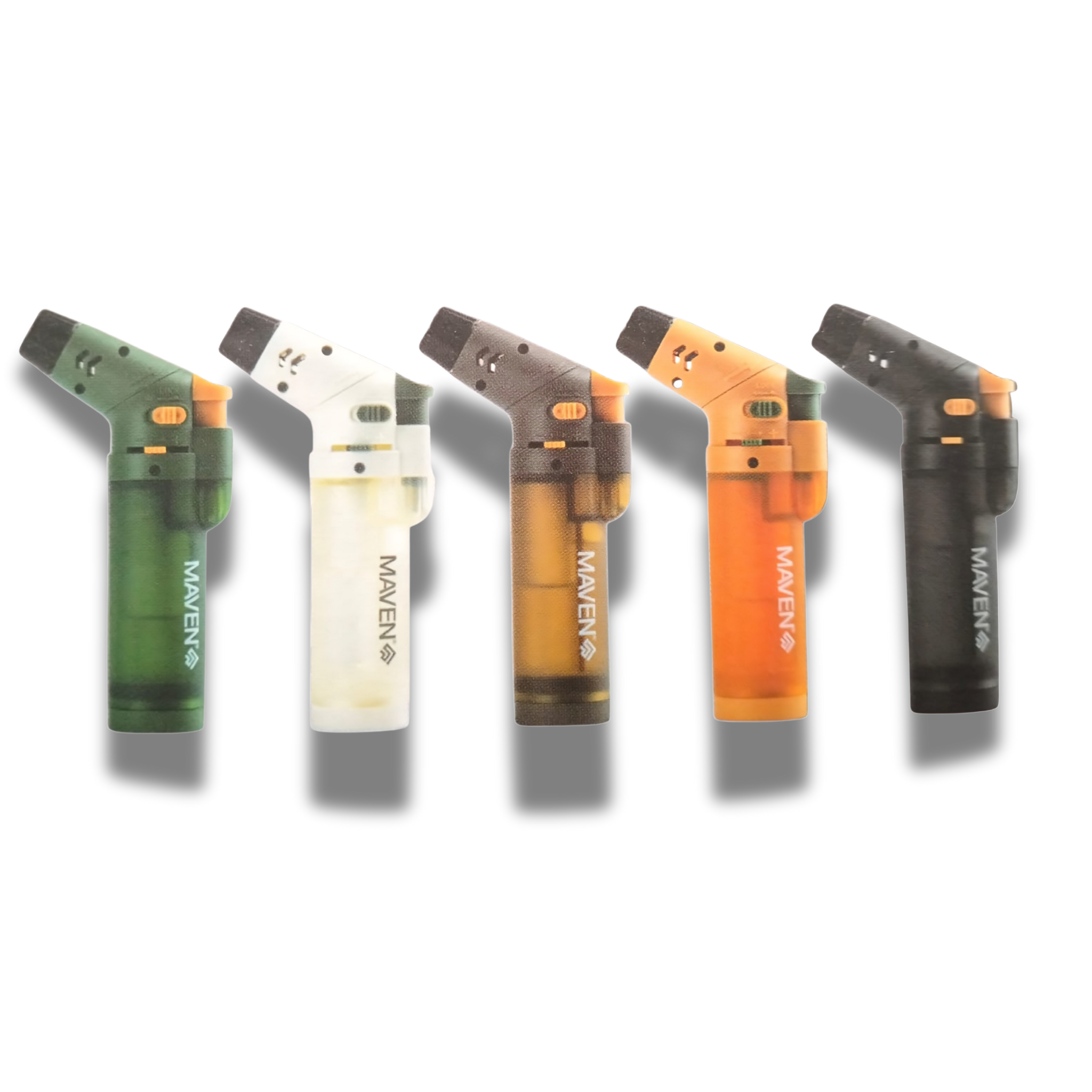 Group of Maven Sequoia Torch lighters in assorted transparent neon color options