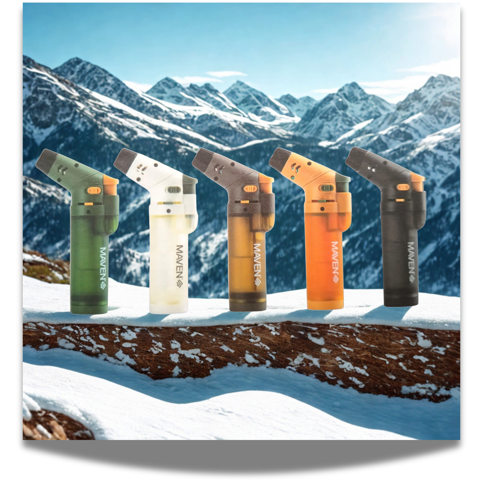 Five Maven Alpha+ Sequoia Torch lighter in different colors against a mountainous landscape.