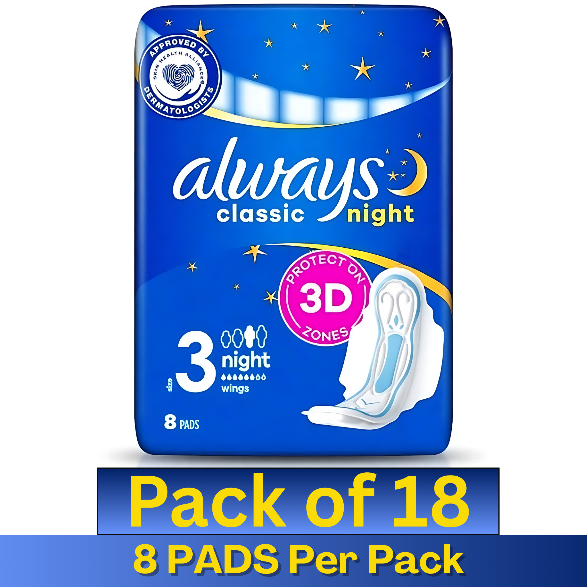 Always Classic Night 3D Protection Pads with Wings – Size 3 (8 Pads per Pack, Pack of 18)