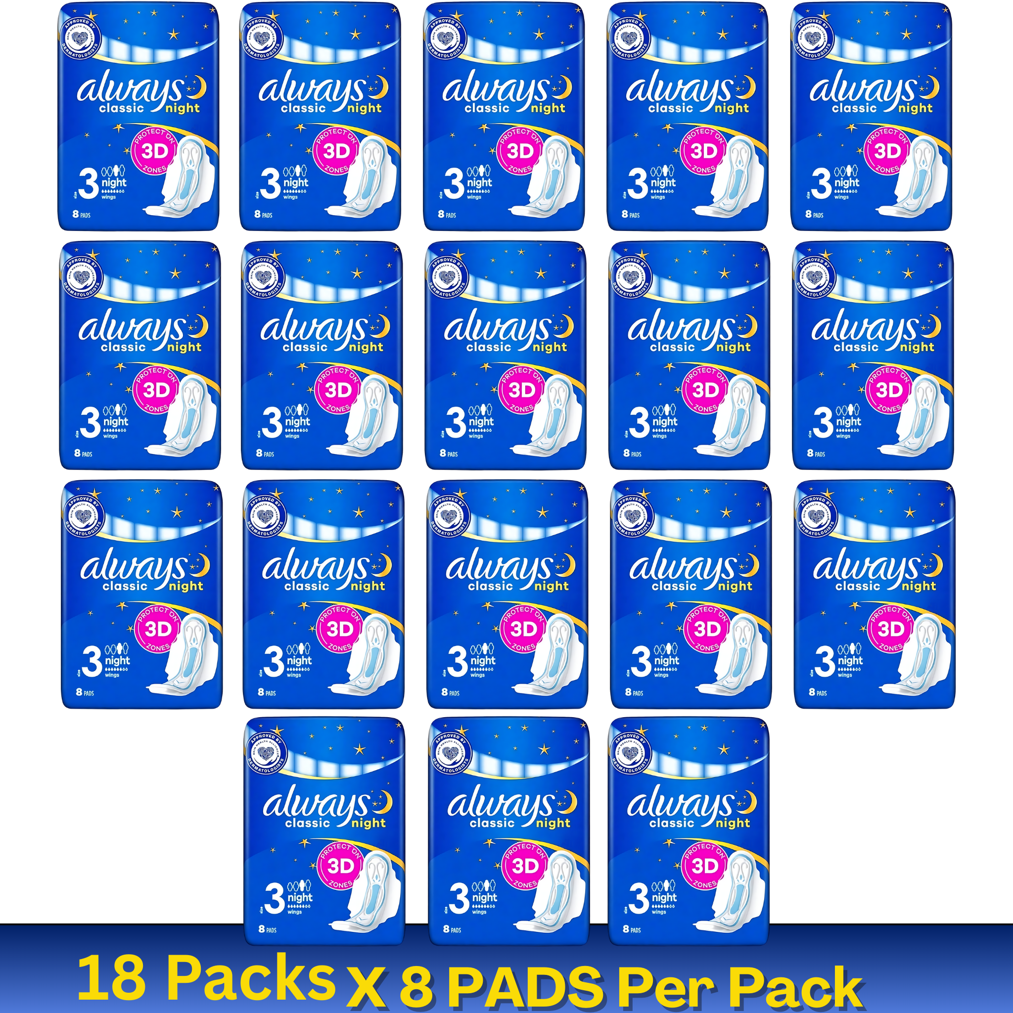 Always Classic Night 3D Protection Pads with Wings – Size 3 (8 Pads per Pack, Pack of 18)
