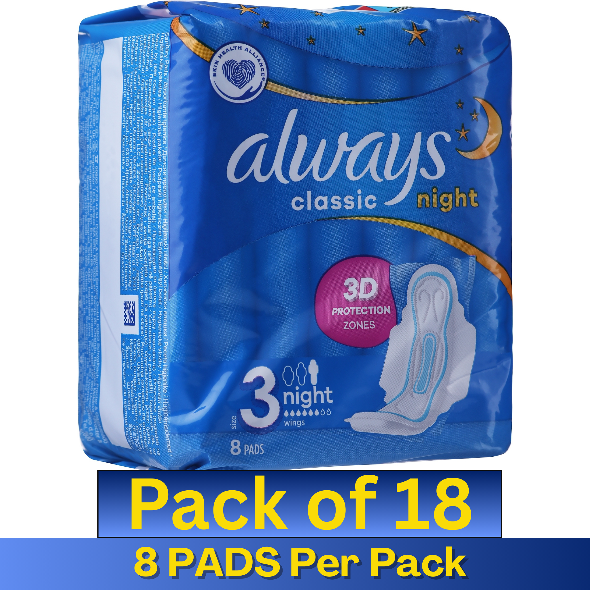 Always Classic Night 3D Protection Pads with Wings – Size 3 (8 Pads per Pack, Pack of 18)